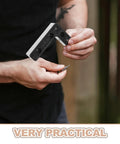 Person holding aluminum L-shaped furniture leg from 4 pack with M5 screws, shown in black for sofa frames and cabinets.
