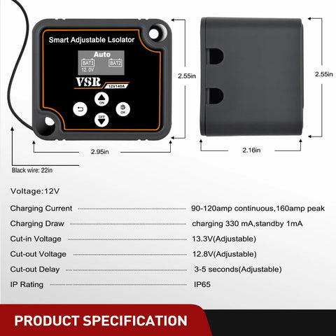 Heavy Duty Dual Battery Isolator Kit Delivering Zero Hassle Automatic And Manual Switching with specifications and dimensions displayed.