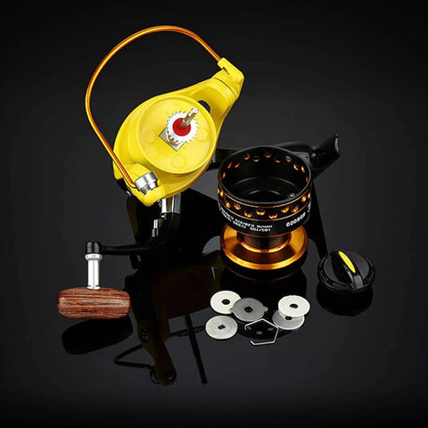 High Speed Fishing Reel With Gear Ratio Five Point Two To One Yellow Metal Casting Reel For Freshwater And Saltwater Beefy Max Power Performance Chrome Spool Durable Aluminum Body Large Spool Capacity 5000 Series Smooth Low Resistance Operation