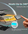 Diagram of Filament Splicer And Connector Kit, depicting heat function up to 240C, compatible with 1.75mm 3D printer filaments.