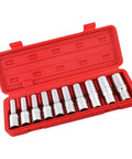 10 Piece E Star Socket Wrench Set Shop Grade Alloy Steel Mechanic Tools in red carry box with silver sockets.