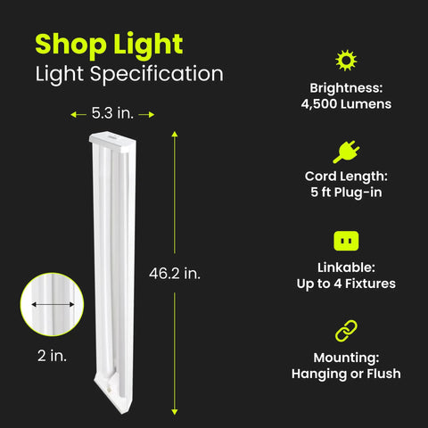 4 Foot LED Shop Light With Dual Lamps For Garages And Workshops Delivers 4500 Lumens Of Bright 4000K Cool White Bright As Day While Saving Energy At 45W And Long Lasting With Flush Mount Or Hanging Mount For Basements And Workspaces