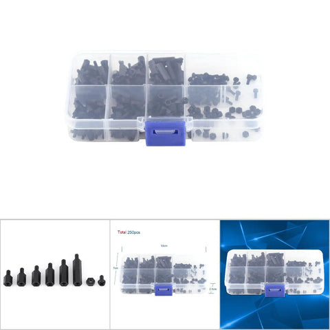 Hella Durable Nylon PA66 Hex Standoff Assortment Kit With 250 Pieces Of M2 And M3 Male Female Spacer Screws And Nuts in storage case