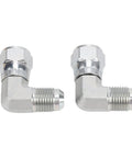 Rock Solid 3/8 Inch 90 Degree Elbow Hydraulic Fitting With 360 Rotating Female Port Made From Tough Carbon Steel Capable Of Withstanding Pressures Up To 3000 PSI Engineered For Zero Leak Proof Best For Heavy Gear Running Hard All Week Long, shown pair