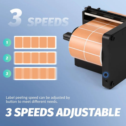 Workhorse Portable Label Dispenser with Dual Sensors And Three Speed Modes For Shipping Packages showing adjustable speed settings for label peeling.