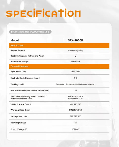 Specification sheet for Portable Spark Erosion Tap Remover 3000W 110V EDM Machine For M2 To M48 Broken Taps Drills And Screws