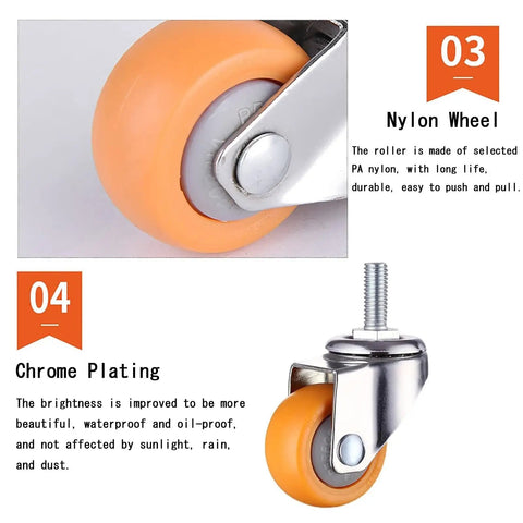 Built Tough As Nails Yellow Nylon Swivel Caster Wheels Metric Threaded Stem detail, showcasing nylon wheel and chrome plating.