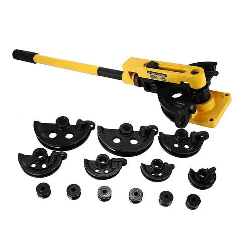 Manual Pipe Tube Bender Set For Steel And Copper Tubing Heavy Duty Lever Handle Bending Tool with multiple formers and handle.