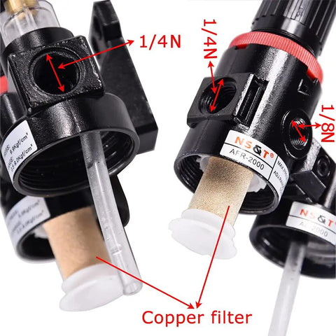 Close-up of Plug And Play Pneumatic Air Filter Regulator Kit with gauge and lubricator cup for one quarter inch NPT systems.