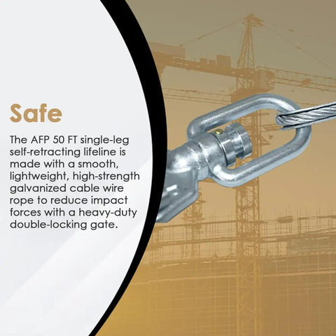 Solid Workhorse Fifty Foot Self Retracting Lifeline Anti Twist Swivel Housing Heavy Duty Double Gate Hook close-up on galvanized cable.