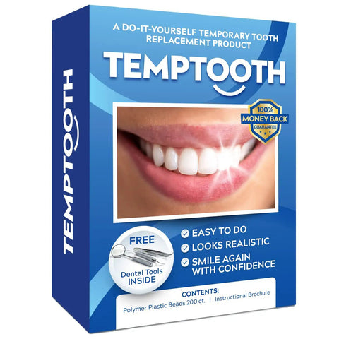 Temporary Tooth Replacement Kit box featuring a smiling mouth showcasing the natural and discreet look offered by moldable beads.