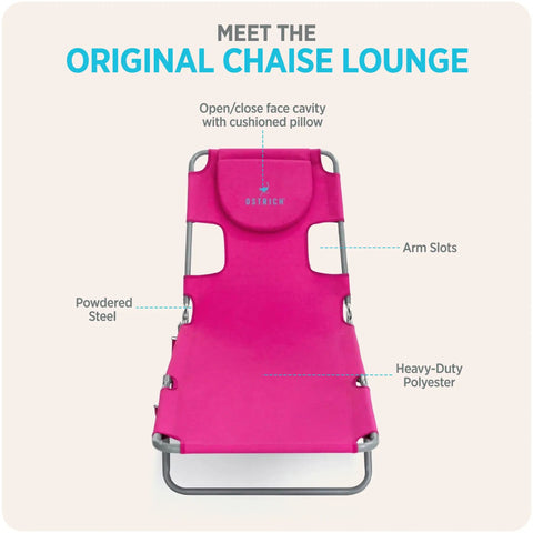 Chaise Lounge Portable Reclining Lounger For Outdoor Patio Beach Lawn Camping And Pool 72 By 22 Inch Pink with open face cavity