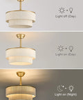 Boho Fandelier Ceiling Fan with Light, Gold Chandelier Fan and Remote in three views showing light settings and texture.