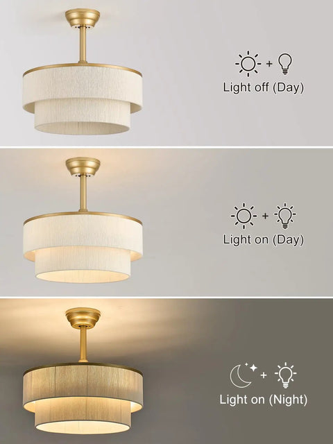 Boho Fandelier Ceiling Fan with Light, Gold Chandelier Fan and Remote in three views showing light settings and texture.
