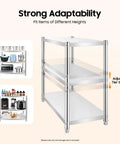 3 Tier Stainless Steel Storage Rack Built Rugged And Hella Solid Vertical Organizer For Kitchen Pantry Garage Waterproof Heavy Duty Multi Tier Utility Shelf 31.5 Inches with adjustable shelves.