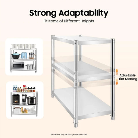3 Tier Stainless Steel Storage Rack Built Rugged And Hella Solid Vertical Organizer For Kitchen Pantry Garage Waterproof Heavy Duty Multi Tier Utility Shelf 31.5 Inches with adjustable shelves.