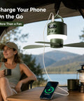Heavy Duty 18 Inch Rechargeable Ceiling Fan With Bright Led Light And Huge 15600 mAh Battery For Gazebo Patio And Rv Camping Kickin Up Serious Breeze Dope Quiet Airflow All Night Long charging phone with fan and lantern in campsite