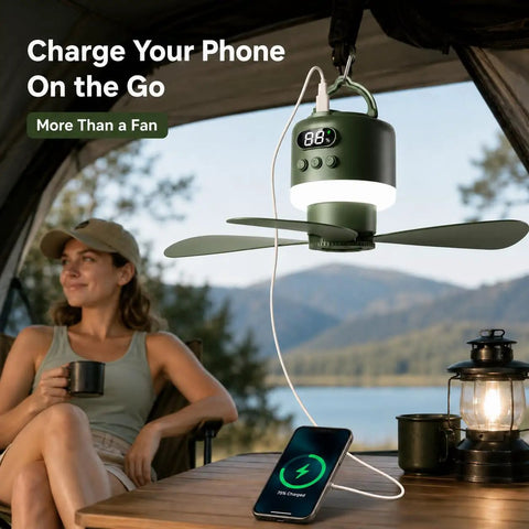 Heavy Duty 18 Inch Rechargeable Ceiling Fan With Bright Led Light And Huge 15600 mAh Battery For Gazebo Patio And Rv Camping Kickin Up Serious Breeze Dope Quiet Airflow All Night Long charging phone with fan and lantern in campsite