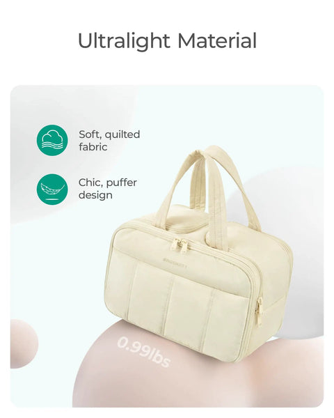 Lightweight Puffy Travel Toiletry Bag For Women With Handle Must Have Large Cosmetic Organizer Beige with soft quilted fabric.