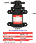 Front view of DP 521 Electric Diaphragm Water Pump 12 Volt 70 Psi, showcasing dimensions and specifications.