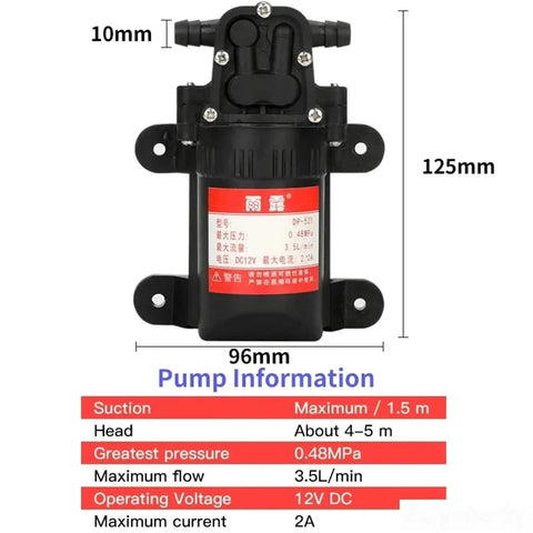 Front view of DP 521 Electric Diaphragm Water Pump 12 Volt 70 Psi, showcasing dimensions and specifications.