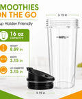Two Pack 18 Ounce Blender Cups With Sip N Seal Flip Lids Replacement for High Power Countertop Blenders product measurements
