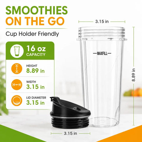 Two Pack 18 Ounce Blender Cups With Sip N Seal Flip Lids Replacement for High Power Countertop Blenders product measurements