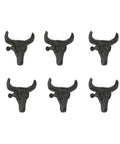 Set Of 6 Steer Skull Drawer Pulls Rustic Brown Cast Iron Cabinet Knobs For Farmhouse Kitchen Drawers Texas Style Home Decor Heavy Duty Furniture Handles With Rock Solid Grip - Six steer skull handles displayed.