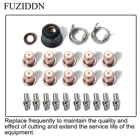 24 Piece IPT40 Plasma Cutter Consumables Kit For YESWELDER Cut 55DS Pro And Cut 65DS showing brass electrodes, stainless nozzles, and caps