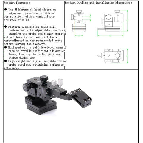 3-Axis Manual Linear Stage With Magnetic Base, Precision Triaxial Probe Table, showing dimension features and adjustment guide