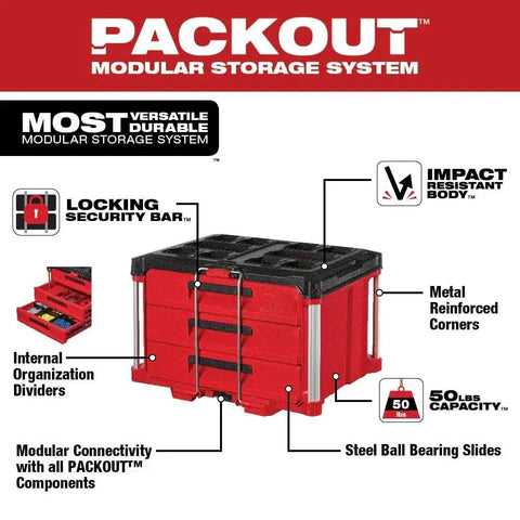 Red three drawer tool box with locking security bar, ball bearing drawer slides, and reinforced corners for tough jobs.