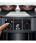 Top Shelf Fully Automatic Commercial Coffee Station Featuring Six Point Seven Inch Touchscreen Interface adjusting left grinder settings.