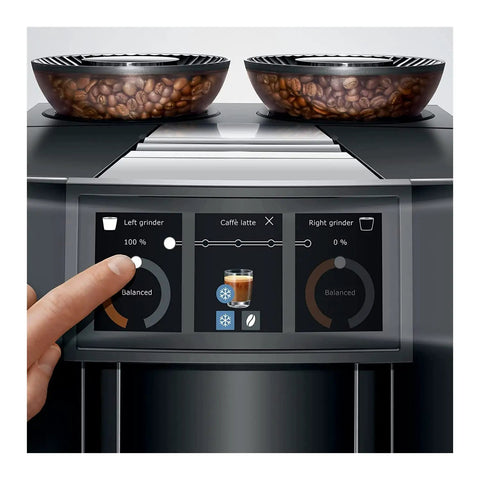 Top Shelf Fully Automatic Commercial Coffee Station Featuring Six Point Seven Inch Touchscreen Interface adjusting left grinder settings.