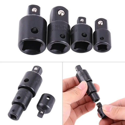 4 Piece Socket Adapter Set in Chrome Steel, Heavy Duty Wrench Adapters showing close-up view and individual piece in hand