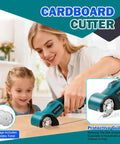 Cordless Electric Scissors With Slick Design And Heavy Duty Motor For Zero Sweat Cardboard Cutting Fabric Trimming Leather Cutting And Plastic Snipping That Gets The Job Done Without Any Fuss being used by a woman and a girl on cardboard.
