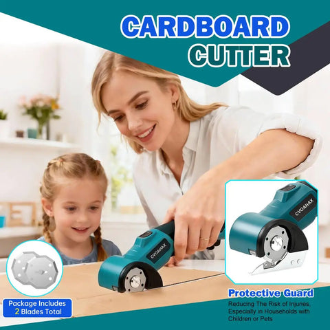 Cordless Electric Scissors With Slick Design And Heavy Duty Motor For Zero Sweat Cardboard Cutting Fabric Trimming Leather Cutting And Plastic Snipping That Gets The Job Done Without Any Fuss being used by a woman and a girl on cardboard.