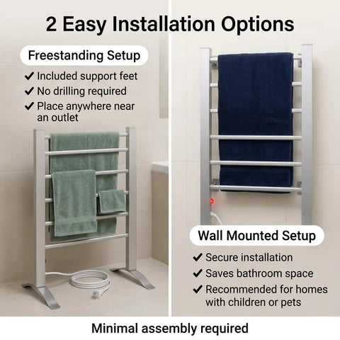 Six Bar Electric Heated Towel Rack for Bathroom with Wall Mount or Freestanding Design, showing towel rack setups