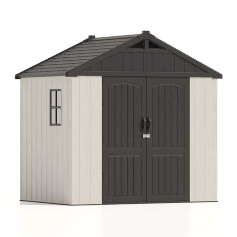 8x6 Ft Plastic Outdoor Storage Shed With Floor Lockable Door And Window Beige Resin Backyard Shed For Tools Easy To Install