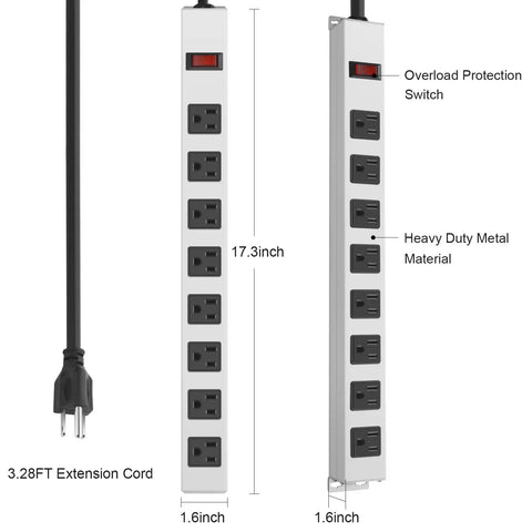 Heavy Duty Metal 8 Outlet Power Strip With 1200J Surge Protector Mountable Wall Mount Desk Strip Wide Spaced Sockets