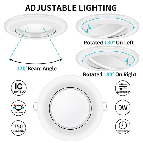 Diagram of Six Pack 4 Inch Recessed Lights With Adjustable Eyeball And Junction Box, showing rotation angles and features.
