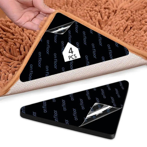 4 Pack Non Slip Rug Pad Grippers With Double Sided Reusable Adhesive For Area Rugs And Corners Keeps Rugs From Sliding And Shifting Easy To Install And Reuse On Floors Or Rugs Heavy Duty Grip For Busy Homes shown on a rug corner