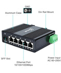Rugged Industrial Six Port Gigabit Ethernet Switch with 90 to 250V AC input, showing aluminum case and DIN rail mount