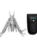 13 In 1 Stainless Steel EDC Multitool With Nylon Sheath for camping, hiking, and fishing shown with open tools next to its black sheath