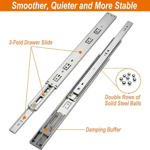 Full Extension Ball Bearing Drawer Slides 10 Inch 5 Pairs With 100 Lb Capacity 3 Section Side Mount Guides illustration of slide components