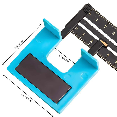 Magnetic Door Hinge Jig For Accurate Mortise And Hinge Cuts, shown with blue body and ruler, DIY Friendly, Pro Grade