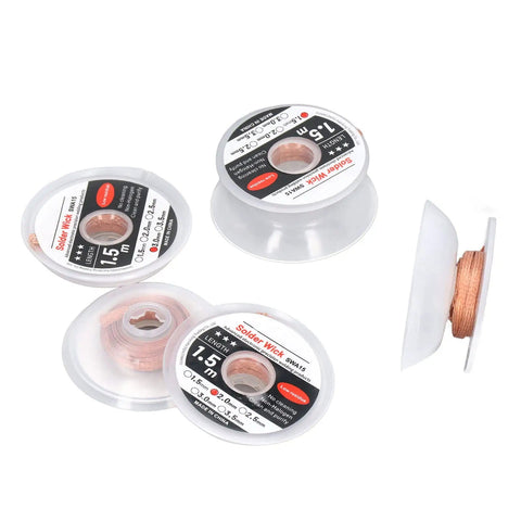 Desoldering Solder Wick Set, 5-Piece Pro-Grade Red Copper Braided Wire For Quick Tin Removal, 1.5mm width, shown in coils