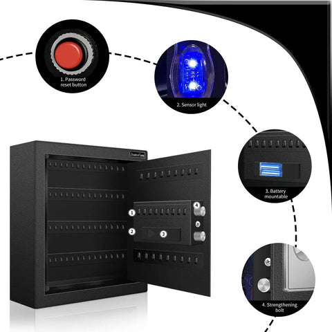 80 Keys Cabinet Pro Grade With Sensor Light And Electronic Key Safe Pin Code Keyless Storage Box For Keys Secure Wall Mount Safe With 80 Key Tags For Home Office Use showing open view, sensor light, and reset button.