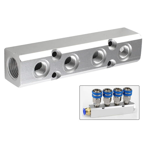 Four Way Pneumatic Manifold Aluminum Alloy Air Distribution Block With G1/2 Inlet Ports And G1/4 Outlets For Air Compressor Systems