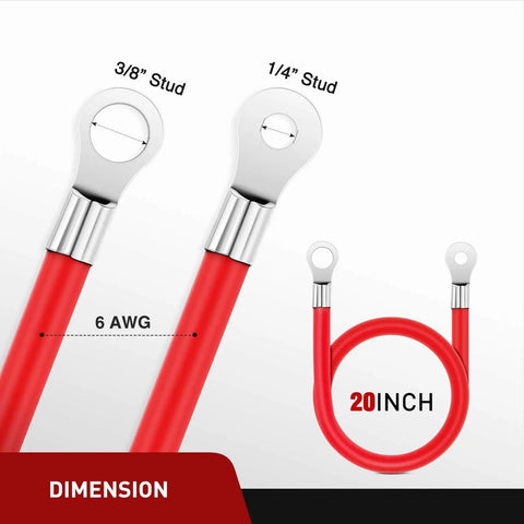 Heavy Duty 6 AWG 20 Inch Battery Power Inverter Cables Set With Tin Plated Copper Terminals And Three Eighth Inch Lugs, Red Cable