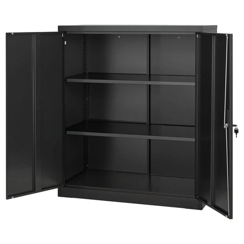 Sturdy 41.7 Inch Metal Storage Cabinet With 3 Tiers, 2 Adjustable Shelves, Lockable Magnetic Doors And 2 Keys, Heavy-Duty Steel Garage Pantry For Workshop, Basement, Office, Black, open front view